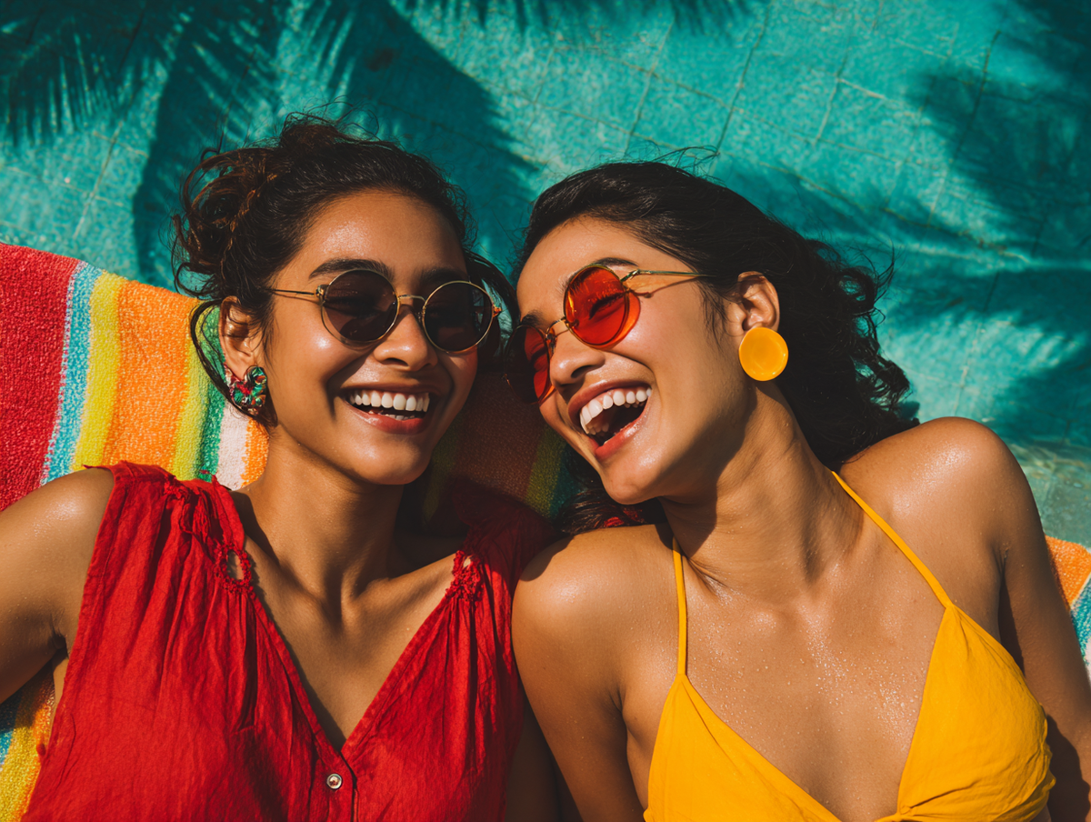 Two women relaxing by a tropical pool wearing vacation sunglasses